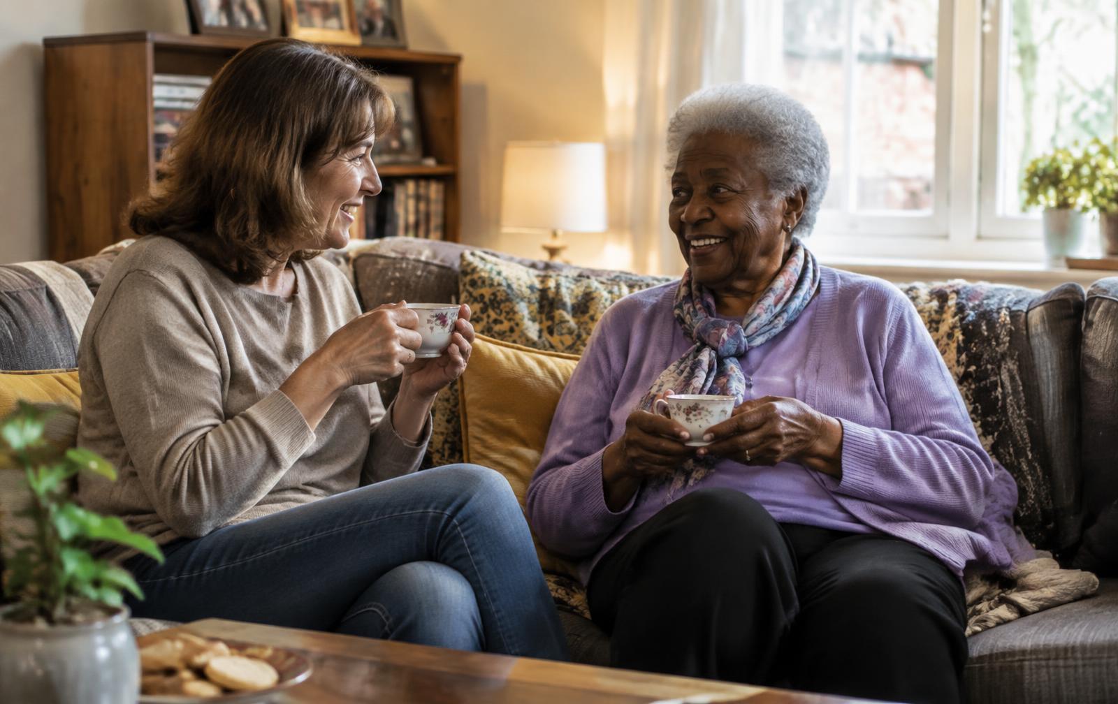 A companion and an older woman sharing tea and conversation on a sofa in a warm living room