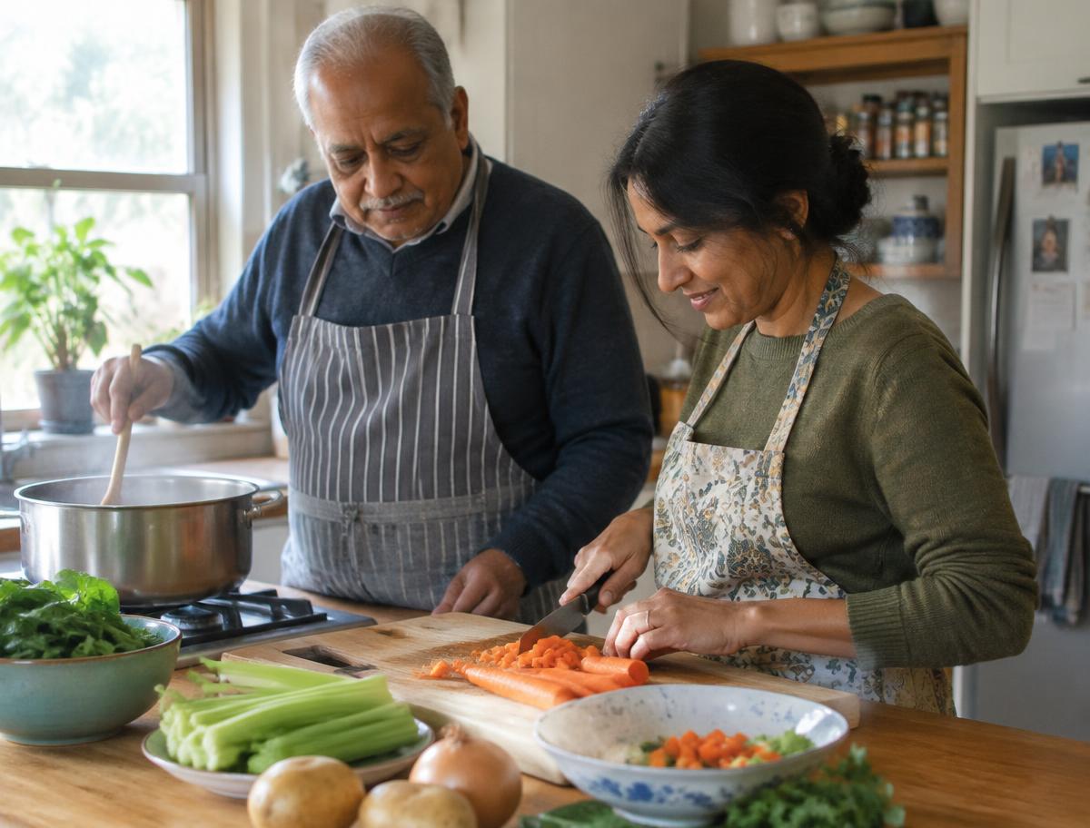 An older man and a companion preparing vegetable soup together in a home kitchen