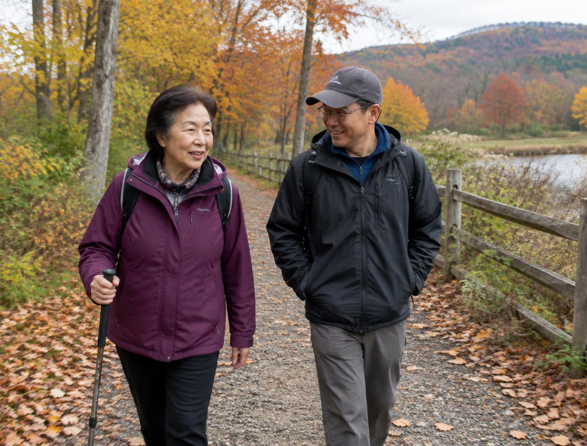 An older woman and a companion walking together along an autumn park path